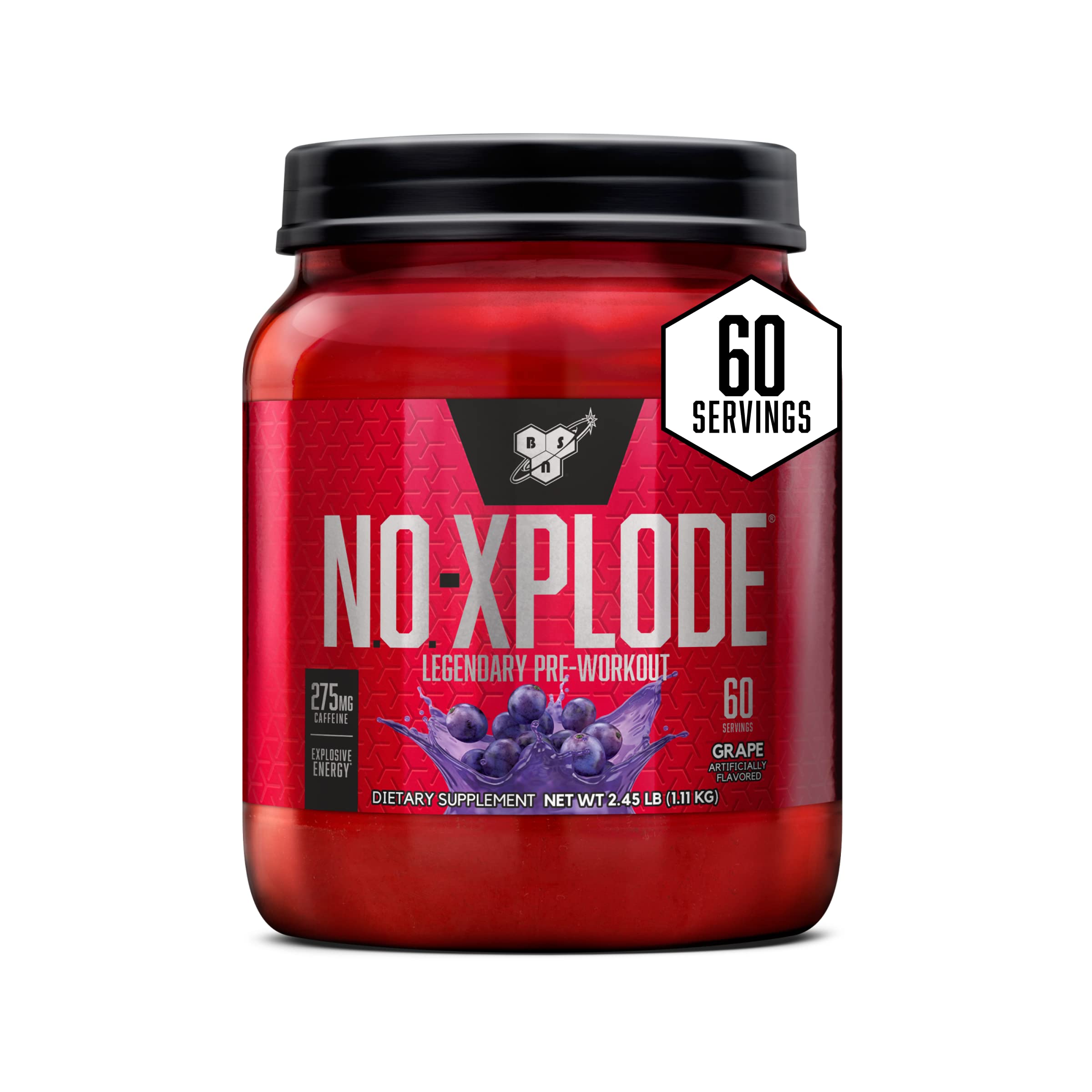 BSN N.O.-XPLODE Pre Workout Powder Energy Supplement for Men and Women with Creatine and Beta-Alanine Flavor: Grape 60 Servings